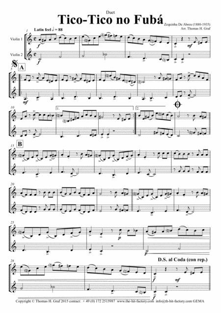 Free Sheet Music Tico Tico No Fub Choro Duet Violin