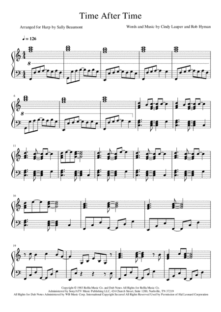 Free Sheet Music Time After Time Cyndi Lauper Harp Solo