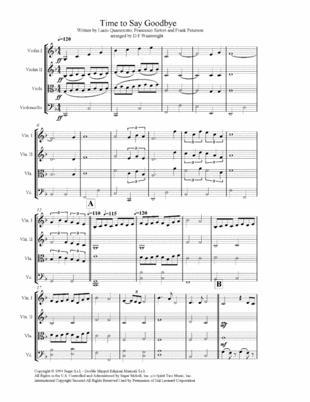 Time To Say Goodbye Arranged For String Quartet With Score Parts Rehearsal Letters Mp3 Sheet Music