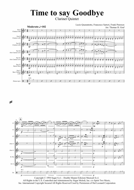 Time To Say Goodbye Bocelli Brightman Clarinet Quintet Sheet Music