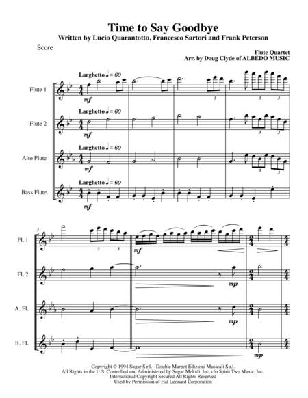 Time To Say Goodbye For Flute Quartet Sheet Music