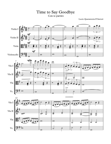 Free Sheet Music Time To Say Goodbye For String Quartet