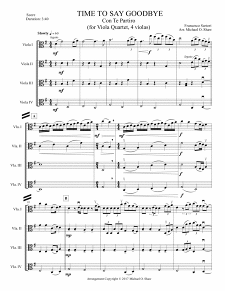 Time To Say Goodbye For Viola Quartet 4 Violas Sheet Music