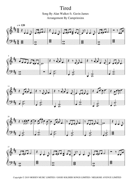 Free Sheet Music Tired Alan Walker Ft Gavin James Piano Music Sheet