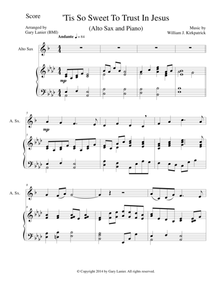 Tis So Sweet To Trust In Jesus Alto Sax Piano And Sax Part Sheet Music