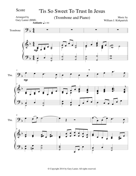 Free Sheet Music Tis So Sweet To Trust In Jesus Trombone Piano And Trombone Part