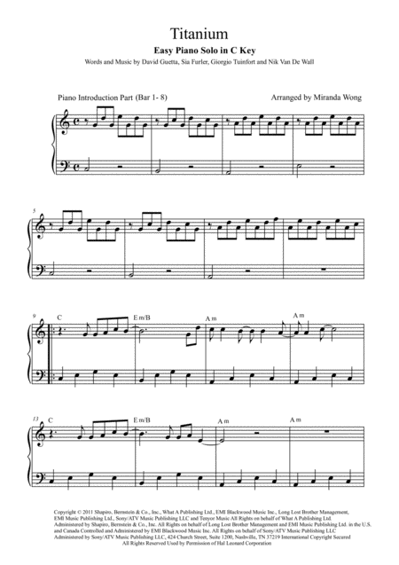 Titanium Easy Piano Solo In C Key With Chords Sheet Music