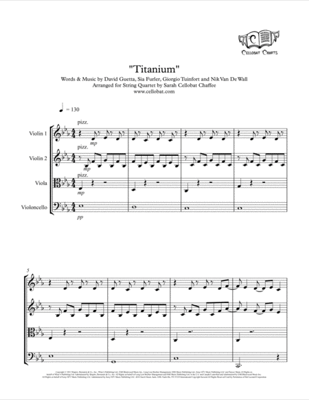 Titanium String Quartet David Guetta Sia Arr Cellobat Recording Available Sheet Music