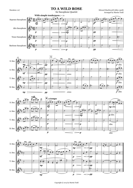 To A Wild Rose For Saxophone Quartet Sheet Music