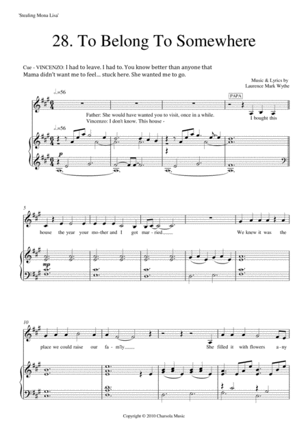 Free Sheet Music To Belong To Somewhere From Stealing Mona Lisa