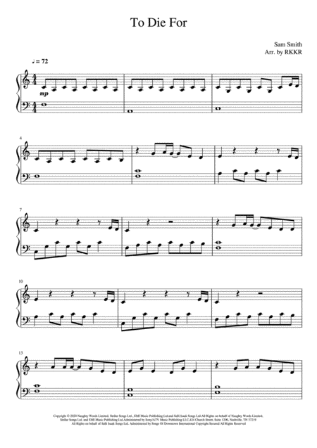 To Die For Easy Piano Sheet Music