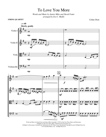 To Love You More String Quartet Sheet Music