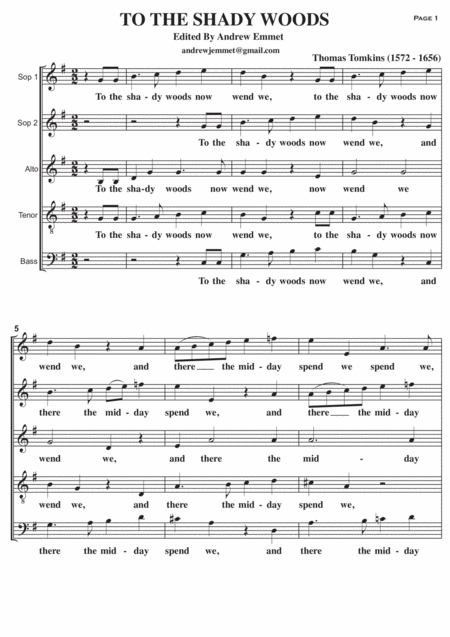 Free Sheet Music To The Shady Woods A Cappella