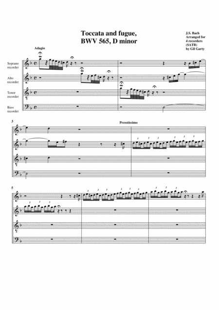 Toccata And Fugue Bwv 565 Arrangement For 4 Recorders Sheet Music