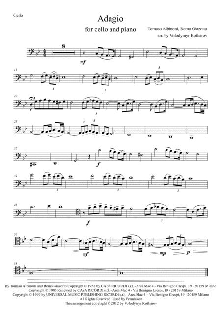 Free Sheet Music Tomaso Albinoni Adagio In G For Cello And Piano