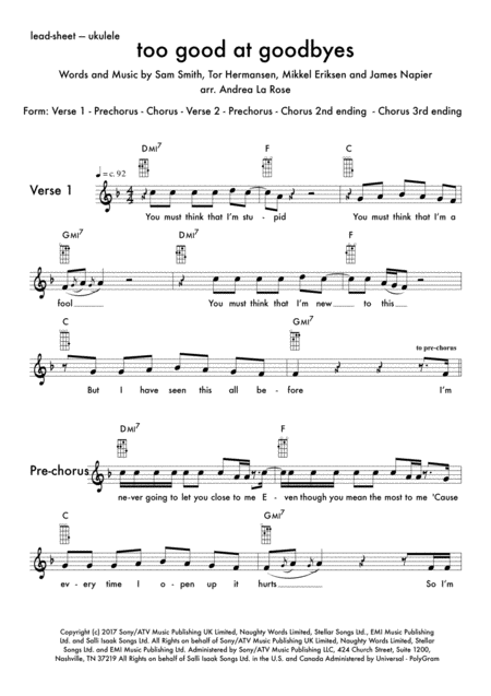 Too Good At Goodbyes Lead Sheet With Ukulele Chords Sheet Music