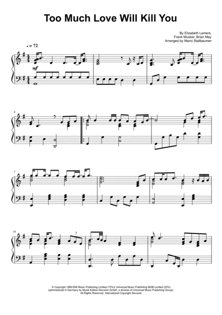 Too Much Love Will Kill You Piano Solo Sheet Music