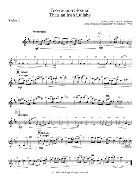 Too Ra Loo Ra Loo Ral Thats An Irish Lullaby Violin 1 Part Sheet Music