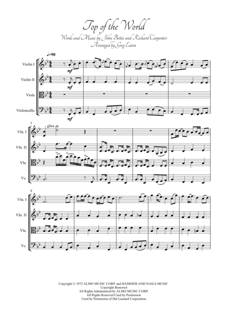 Free Sheet Music Top Of The World Arranged For String Quartet By Greg Eaton Score And Parts Perfect For Gigging Quartets