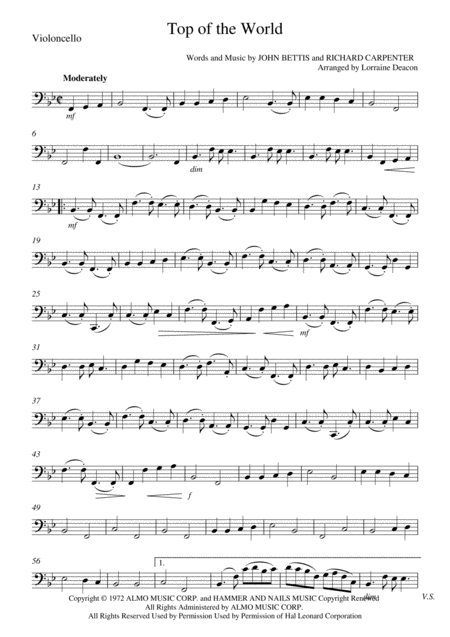Free Sheet Music Top Of The World String Duo Violin Cello