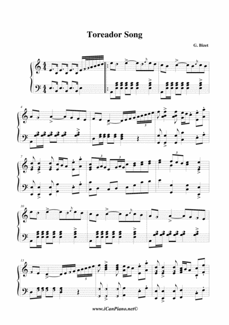 Free Sheet Music Toreador Song G Bizet Icanpiano Style