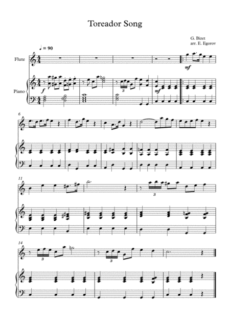 Free Sheet Music Toreador Song Georges Bizet For Flute Piano