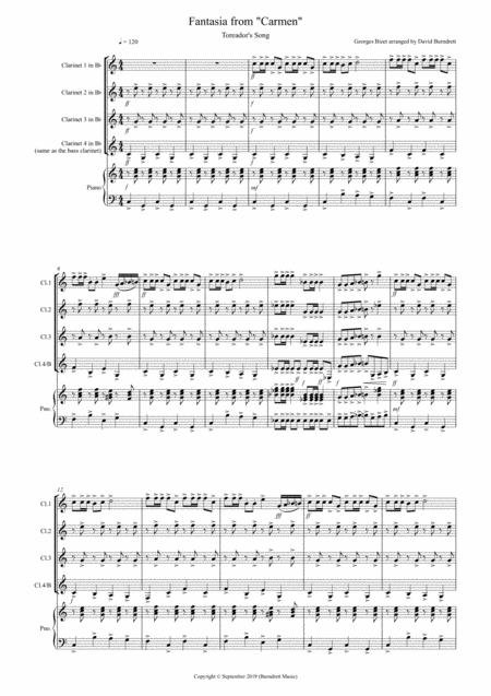 Free Sheet Music Toreadors Song Fantasia From Carmen For Clarinet Quartet