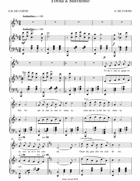 Free Sheet Music Torna A Surriento Voice And Piano In D