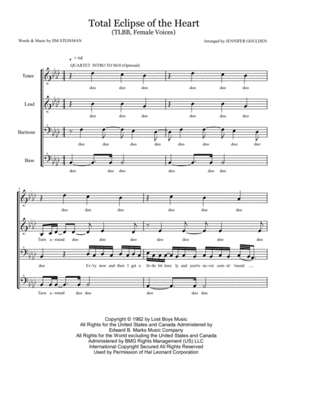 Total Eclipse Of The Heart For Female Choral Groups Ssaa Tlbb Sheet Music