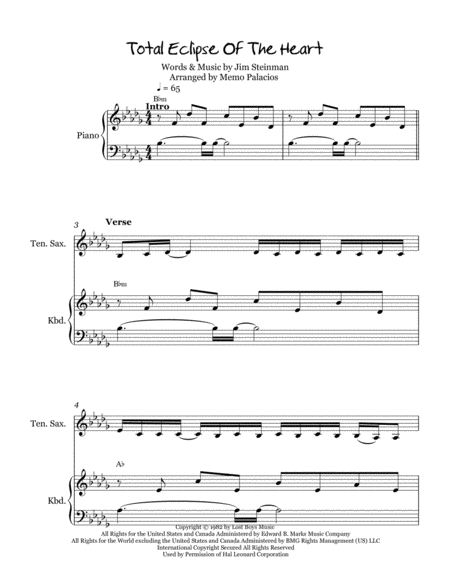 Total Eclipse Of The Heart For Piano And Tenor Sax Sheet Music