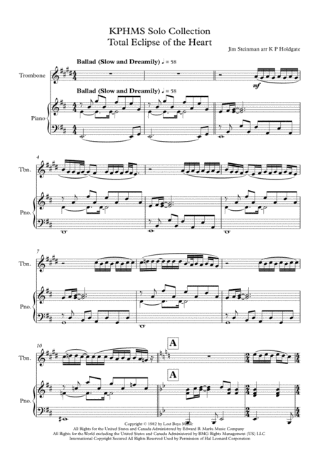 Free Sheet Music Total Eclipse Of The Heart Solo For Euphonium Baritone Or Trombone In Treble Clef With Piano