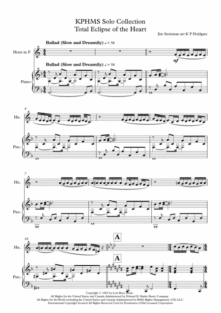 Free Sheet Music Total Eclipse Of The Heart Solo For Horn In F And Piano