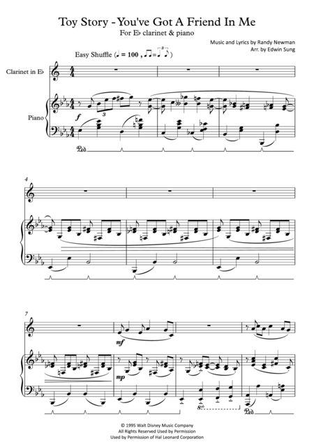 Toy Story You Ve Got A Friend In Me For Eb Clarinet And Piano Including Part Score Sheet Music