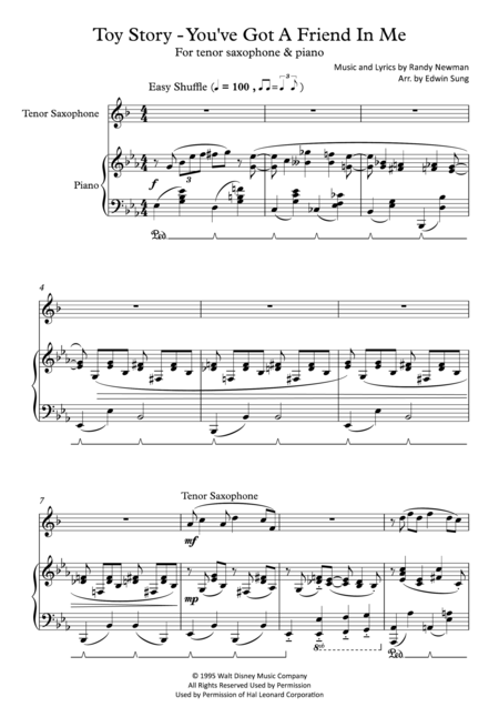 Toy Story You Ve Got A Friend In Me For Tenor Saxophone And Piano Including Part Score Sheet Music