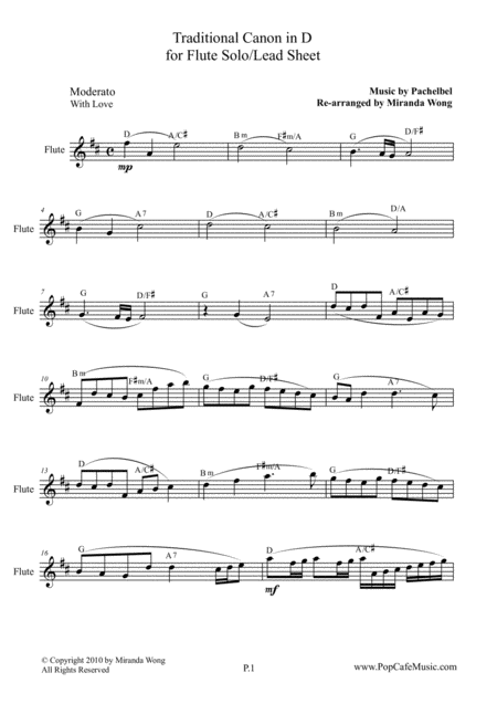 Traditional Canon In D Flute Solo Lead Sheet Sheet Music