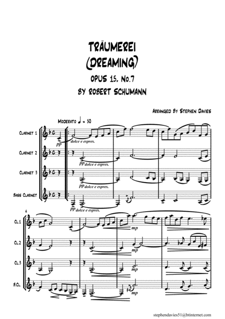 Traumerei Dreaming Op 15 No 7 By Robert Schumann For Clarinet Quartet Sheet Music