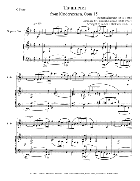 Traumerei From Kinderszenen Opus 15 For Soprano Saxophone And Keyboard Sheet Music