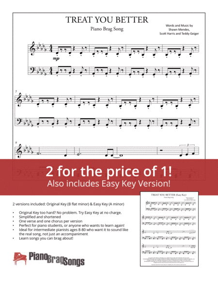 Free Sheet Music Treat You Better Simplified And Easy Key Piano Solos Shawn Mendes