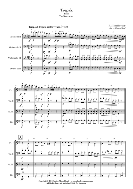 Trepak From The Nutcracker By Peter Ilyich Tchaikovsky Arranged For 3 Cellos And 1 Double Bass Sheet Music