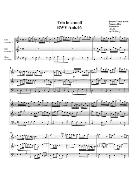 Trio Bwv Anh 46 Arrangement For 3 Recorders Sheet Music