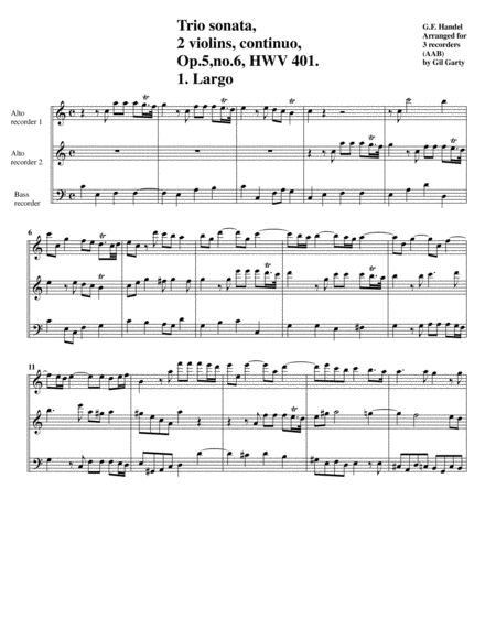 Trio Sonata Hwv 401 Op 5 No 6 Arrangement For 3 Recorders Sheet Music