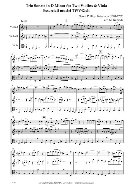 Free Sheet Music Trio Sonata In D Minor For Two Violins Viola Essercizii Musici Twv42 D4