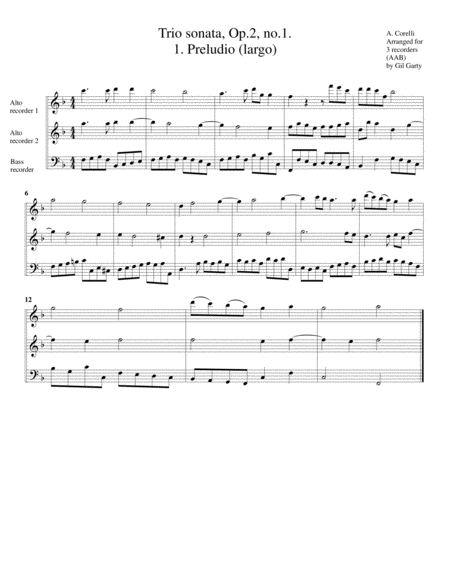 Free Sheet Music Trio Sonata Op 2 No 1 Arrangement For 3 Recorders