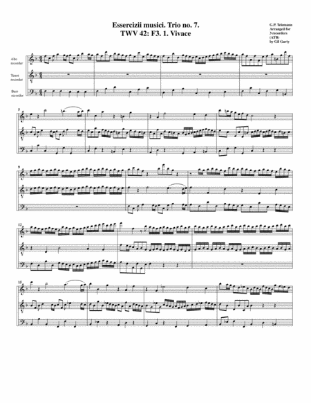 Trio Sonata Twv 42 F3 Essercizii Musici Trio No 7 Arrangement For 3 Recorders Sheet Music