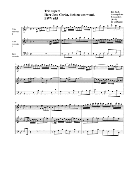 Trio Super Herr Jesu Christ Dich Zu Uns Wend Bwv 655 Arrangement For 3 Recorders Sheet Music