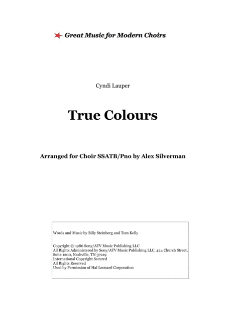 True Colors Cyndi Lauper Choir And Pno Edition Sheet Music