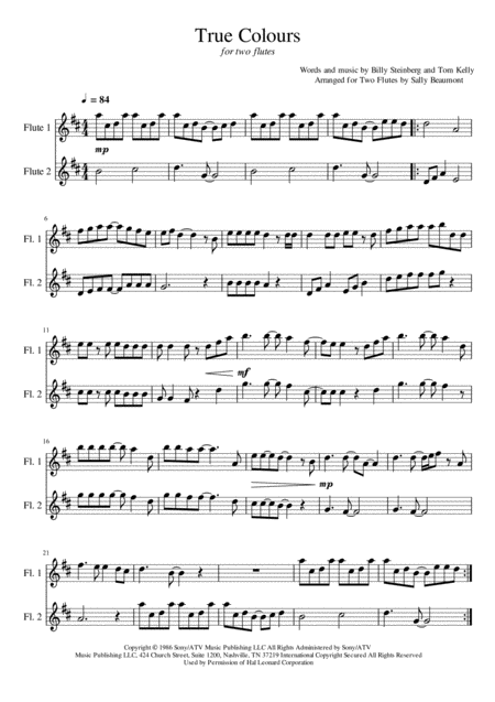 True Colors Flute Duet Sheet Music