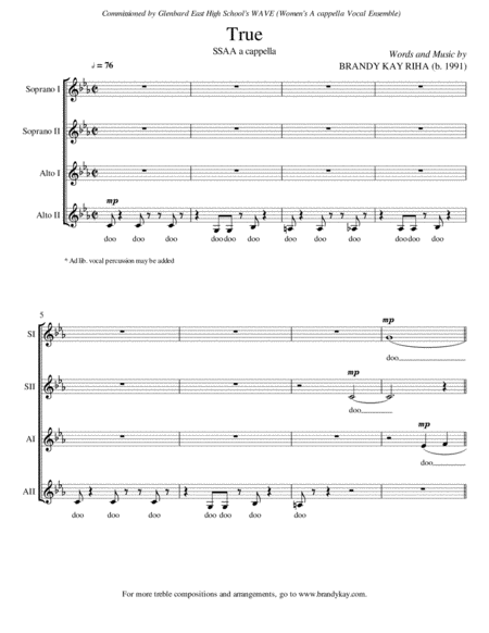 Free Sheet Music True Ssaa Pop A Cappella