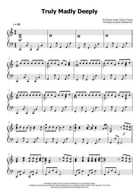 Free Sheet Music Truly Madly Deeply Piano Solo