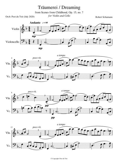 Free Sheet Music Trumerei Dreaming From Scenes From Childhood Op 15 No 7 R Schumann Violin Cello